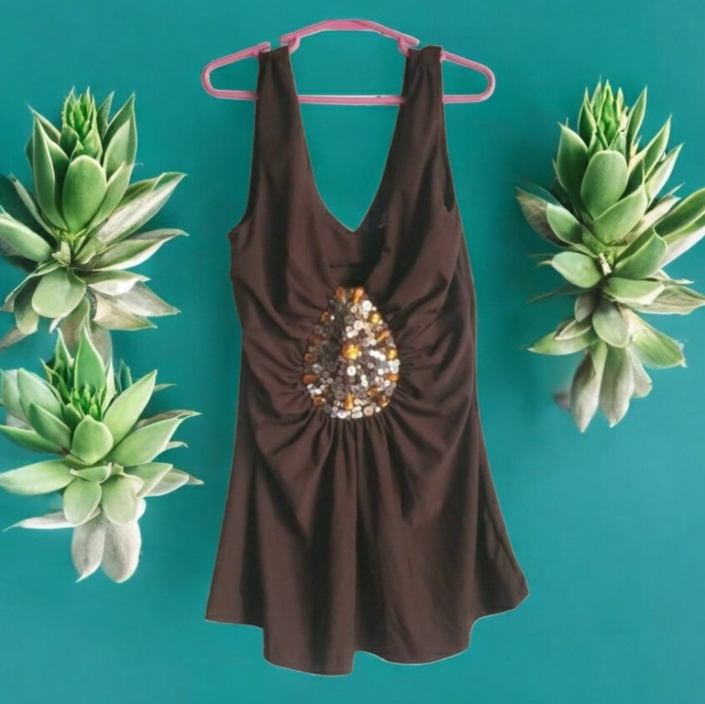 Wild Cat Y2k Sleeveless Rhinestone Sequins Deep V-neck Top Size Small